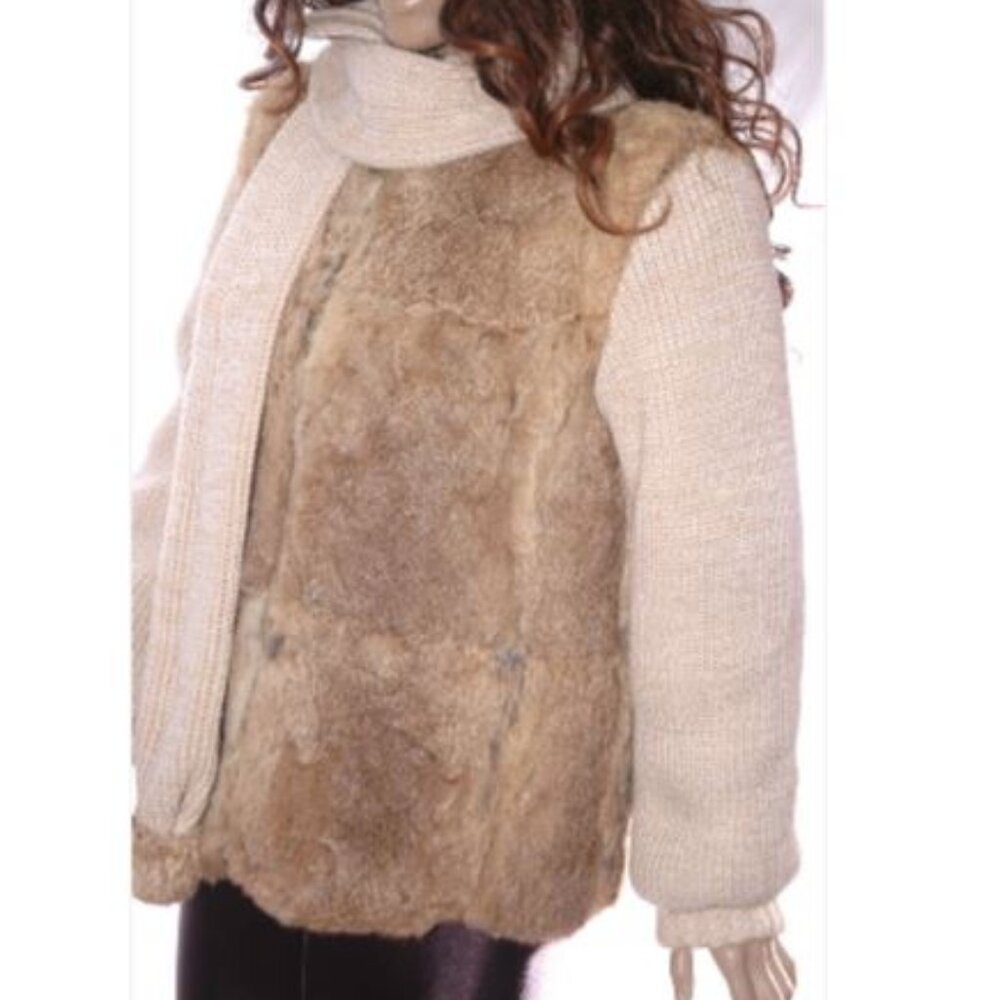 Vintage RABBIT FUR Knit JACKET Coat Sweater with Scarf Stylman Womens M